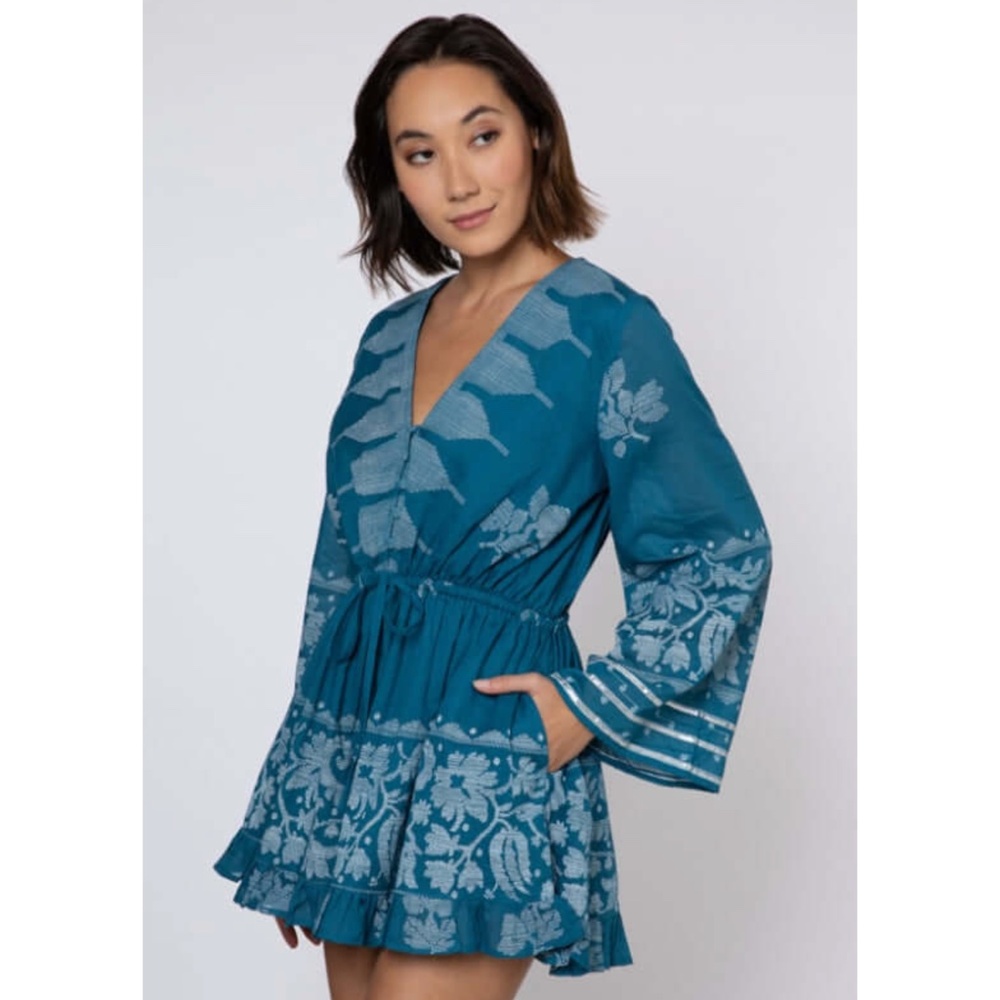 Juliet Dunn Bohemian Flare Sleeve Playsuit Romper Dhaka Petrol Size 4 - 6